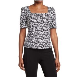 Melloday Black White Floral Print Square Neck Puff Sleeve Top Women’s Size 1X